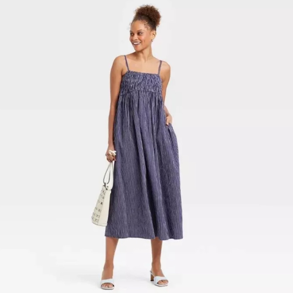 Navy blue smocked slip dress
